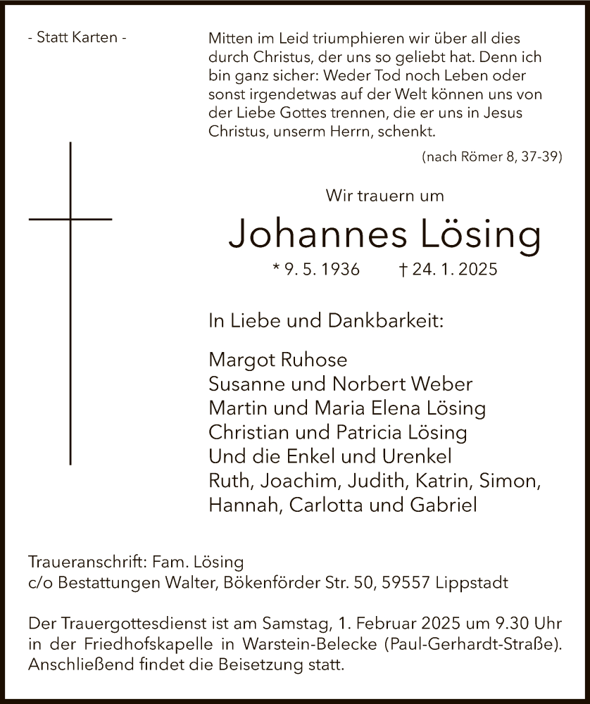  Traueranzeige für Johannes Lösing vom 29.01.2025 aus WA