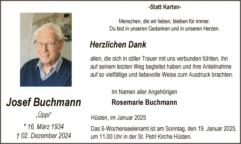 Traueranzeige für Josef Buchmann vom 11.01.2025 aus WA