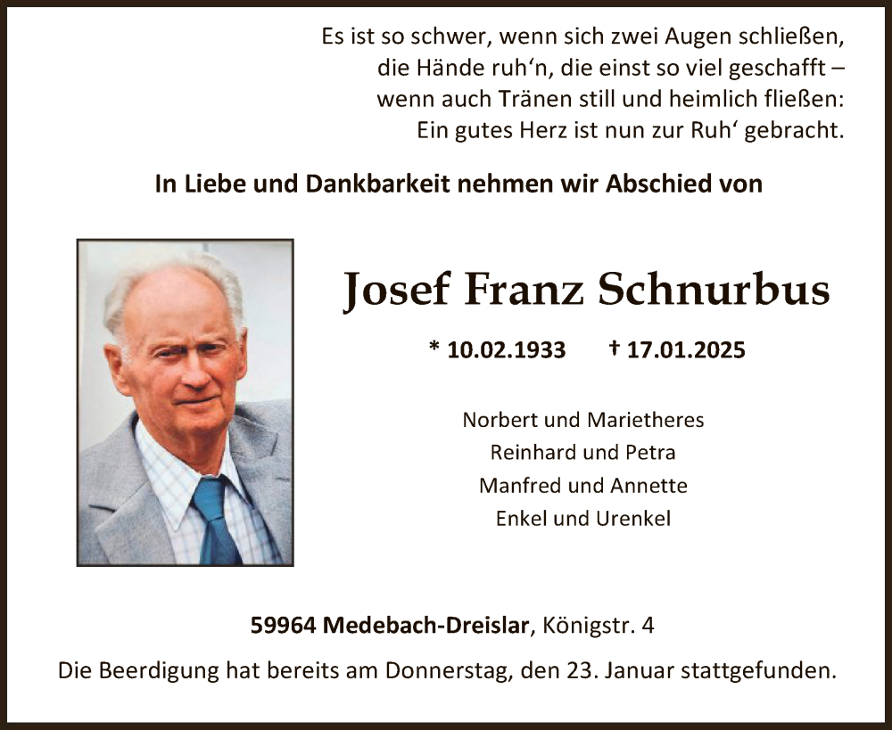  Traueranzeige für Josef Franz Schnurbus vom 25.01.2025 aus WA