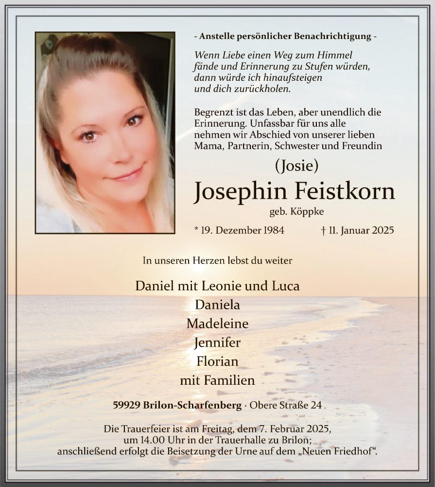  Traueranzeige für Josephin Feistkorn vom 25.01.2025 aus WA