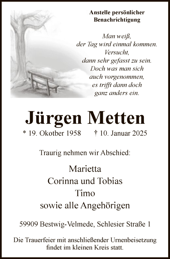 Traueranzeige von Jürgen Metten von WA