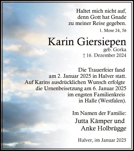 Traueranzeige von Karin Giersiepen von WA