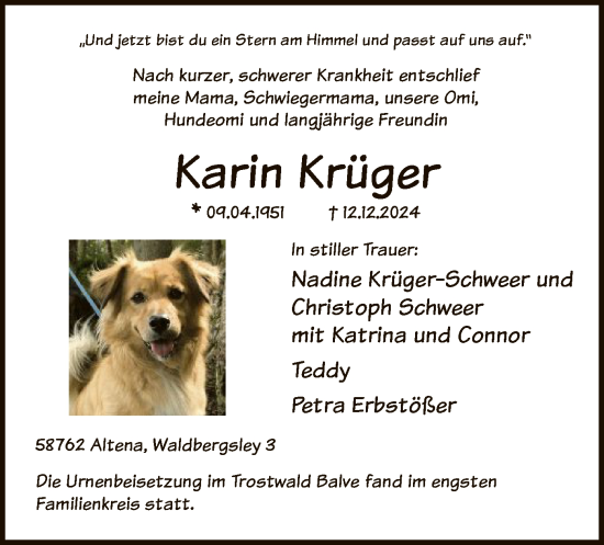 Traueranzeige von Karin Krüger von WA