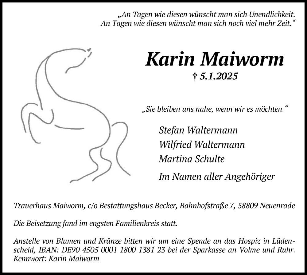  Traueranzeige für Karin Maiworm vom 18.01.2025 aus WA
