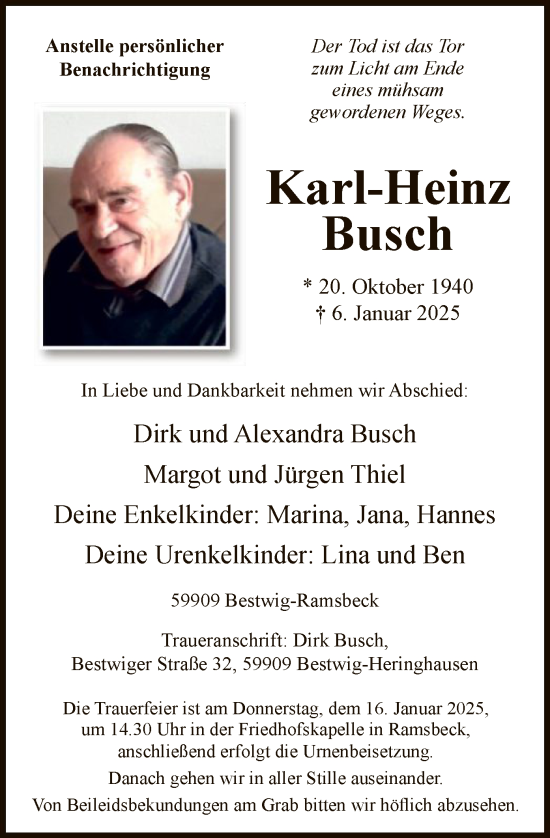 Traueranzeige von Karl-Heinz Busch von WA