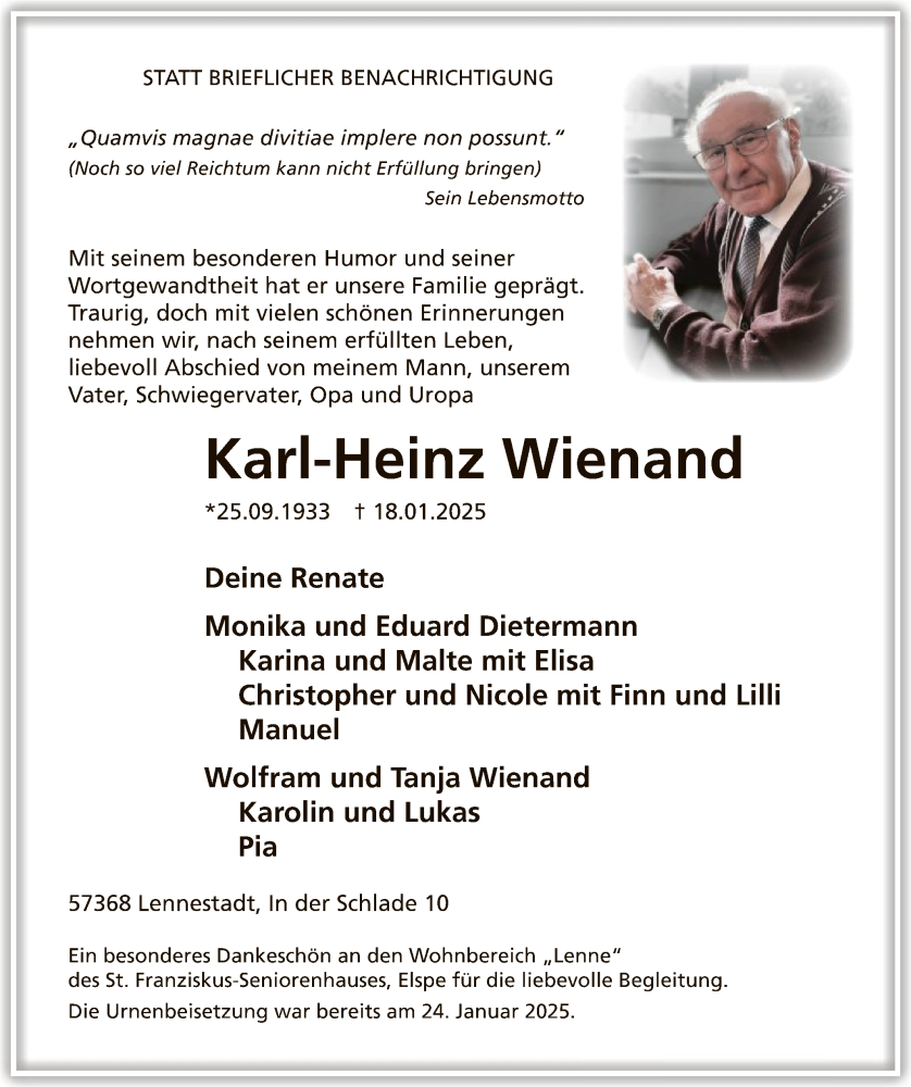  Traueranzeige für Karl-Heinz Wienand vom 25.01.2025 aus WA