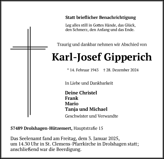 Traueranzeige von Karl-Josef Gipperich von WA