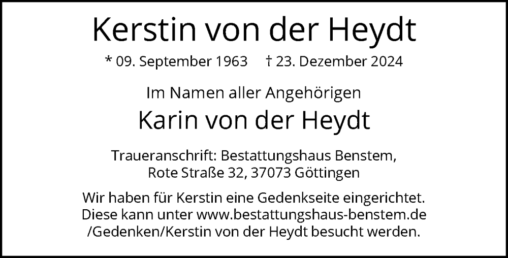  Traueranzeige für Kerstin von der Heydt vom 11.01.2025 aus WA
