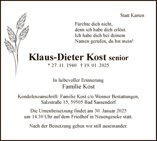 Traueranzeige von Klaus-Dieter Kost von WA