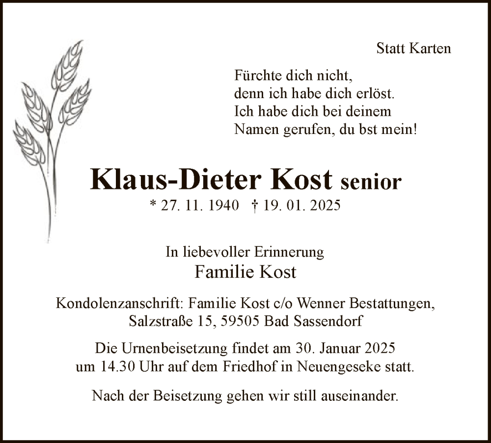  Traueranzeige für Klaus-Dieter Kost vom 25.01.2025 aus WA