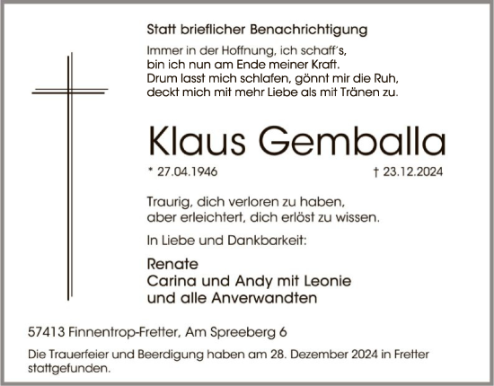 Traueranzeige von Klaus Gemballa von WA