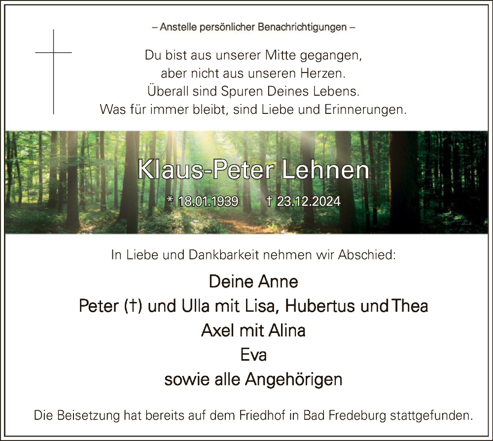  Traueranzeige für Klaus-Peter Lehnen vom 11.01.2025 aus WA
