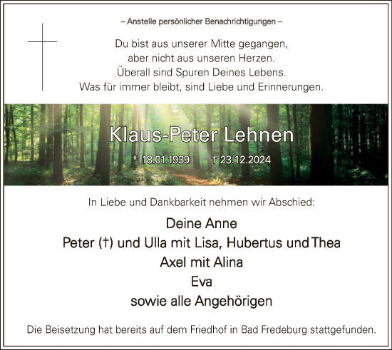 Traueranzeige von Klaus-Peter Lehnen von WA