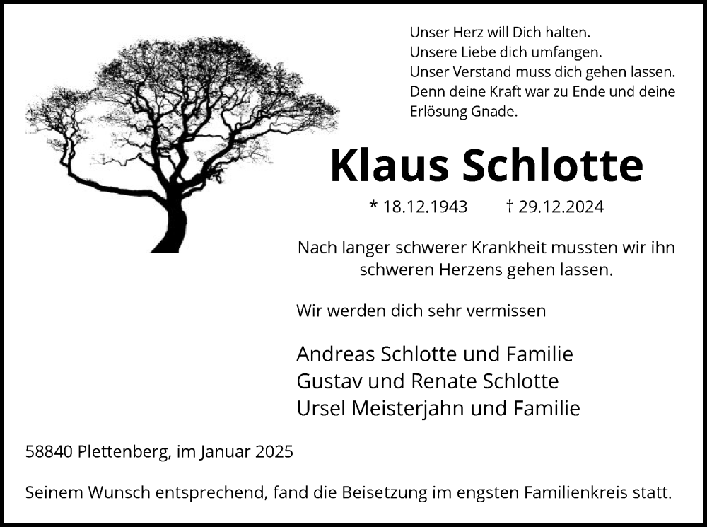  Traueranzeige für Klaus Schlotte vom 18.01.2025 aus WA