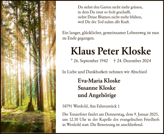 Traueranzeige von Klaus Peter Kloske von WA