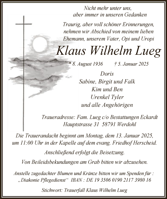 Traueranzeige von Klaus Wilhelm Lueg von WA