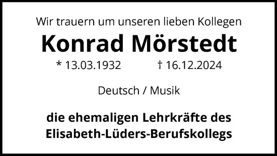 Traueranzeige von Konrad Morstedt von WA