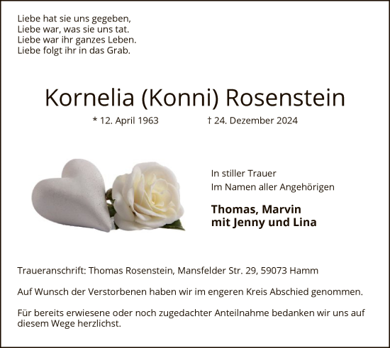 Traueranzeige von Kornelia Rosenstein von WA