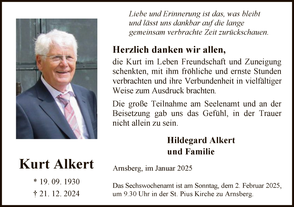  Traueranzeige für Kurt Alkert vom 25.01.2025 aus WA