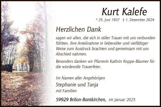 Traueranzeige von Kurt Kalefe von WA