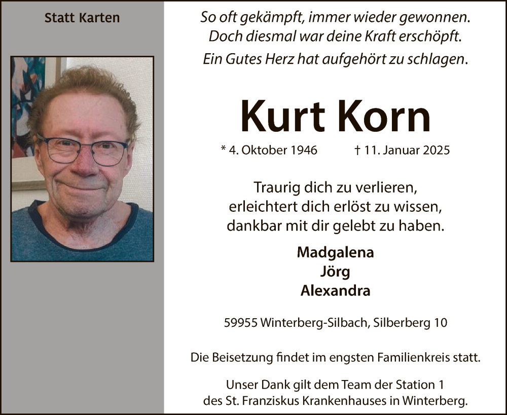  Traueranzeige für Kurt Korn vom 18.01.2025 aus WA
