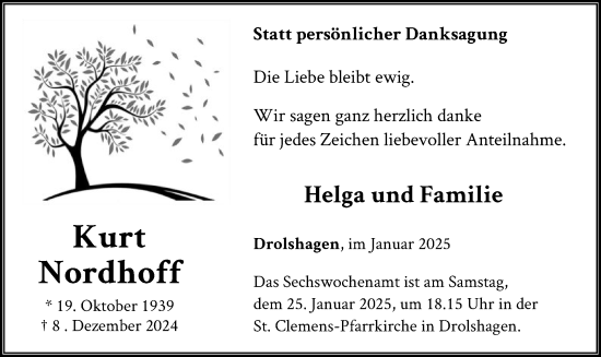 Traueranzeige von Kurt Nordhoff von WA