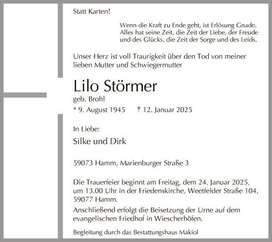 Traueranzeige von Lilo Störmer von WA