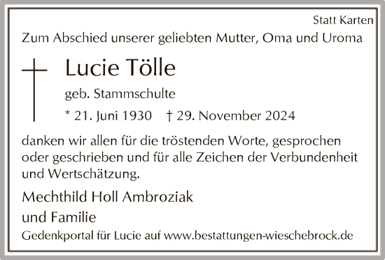 Traueranzeige von Lucie Tölle von WA