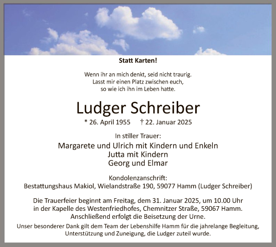 Traueranzeige von Ludger Schreiber von WA