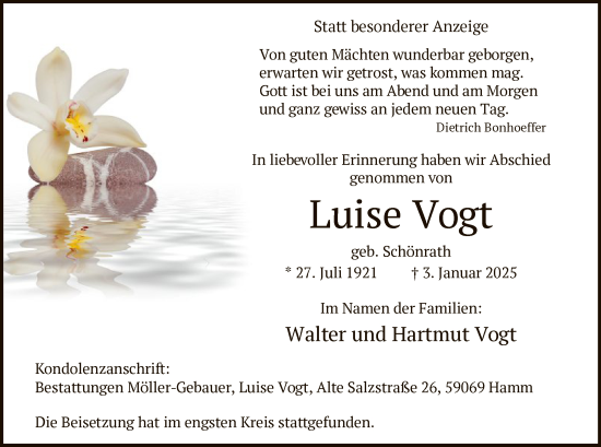 Traueranzeige von Luise Vogt von WA