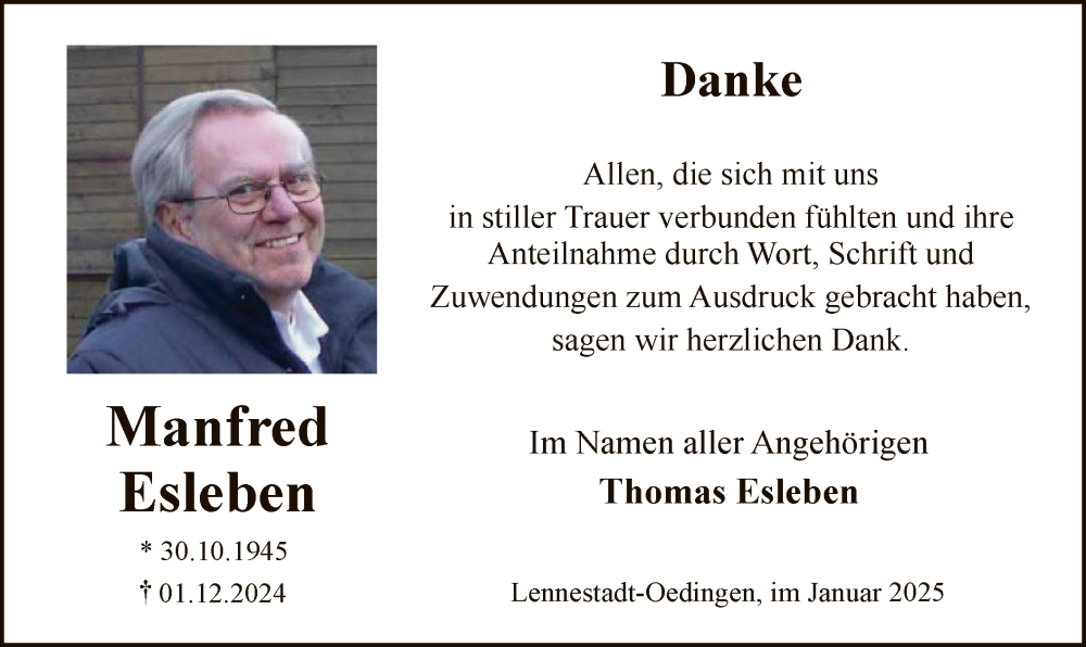  Traueranzeige für Manfred Esleben vom 25.01.2025 aus WA
