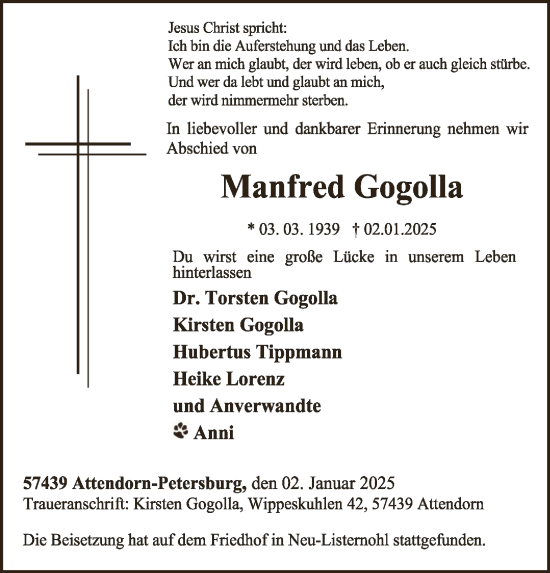 Traueranzeige von Manfred Gogolla von WA