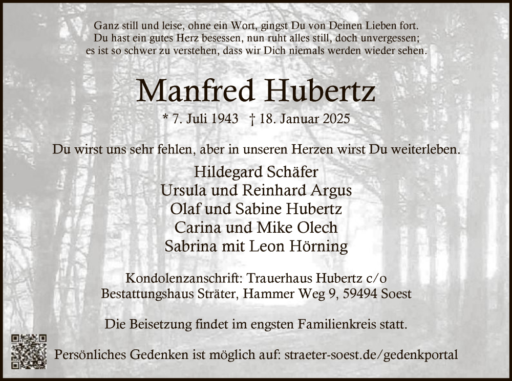  Traueranzeige für Manfred Hubertz vom 25.01.2025 aus WA