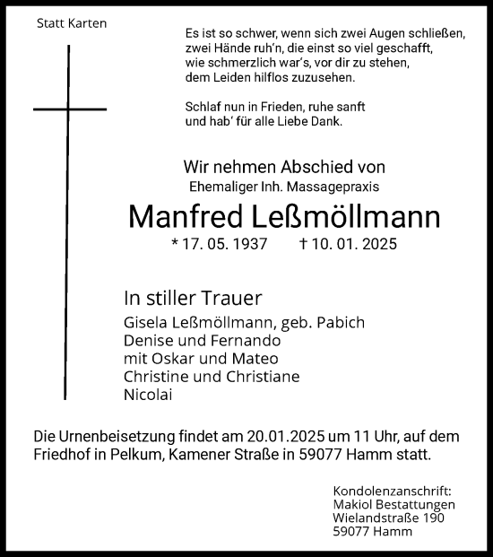 Traueranzeige von Manfred Leßmöllmann von WA