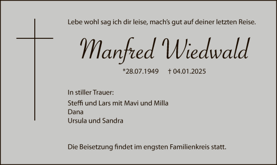 Traueranzeige von Manfred Wiedwald von WA
