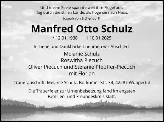 Traueranzeige von Manfred Otto Schulz von WA