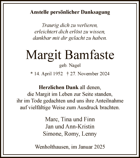 Traueranzeige von Margit Bamfaste von WA