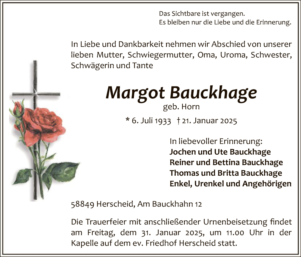  Traueranzeige für Margot Bauckhage vom 28.01.2025 aus WA
