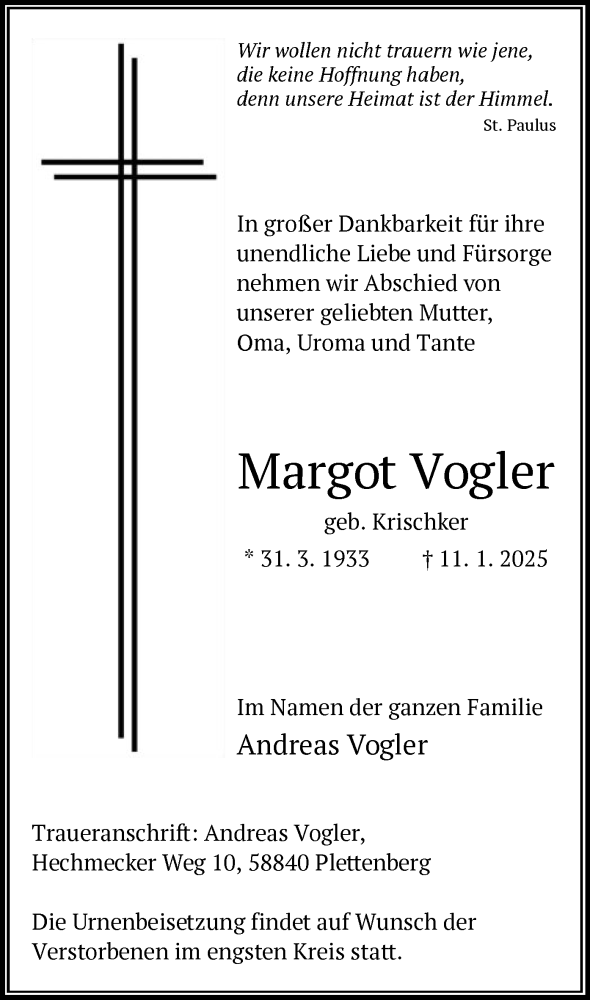  Traueranzeige für Margot Vogler vom 18.01.2025 aus WA