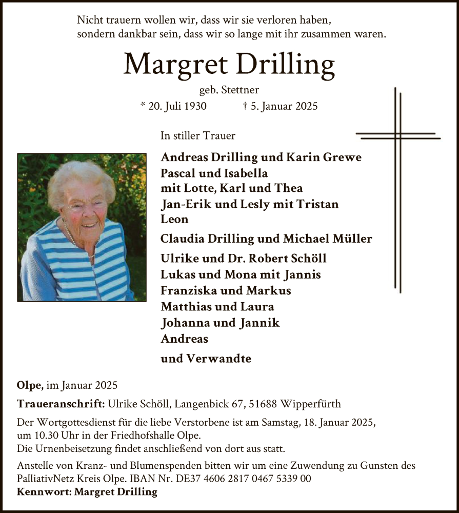  Traueranzeige für Margret Drilling vom 11.01.2025 aus WA