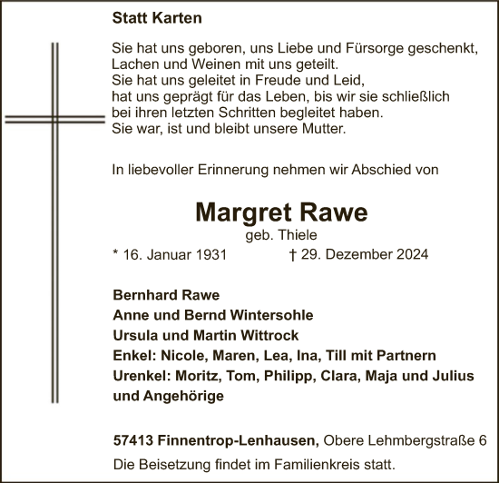 Traueranzeige von Margret Rawe von WA