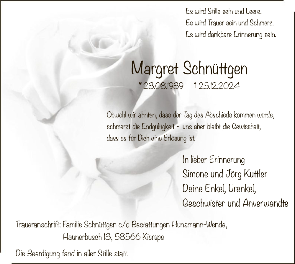  Traueranzeige für Margret Schnüttgen vom 11.01.2025 aus WA