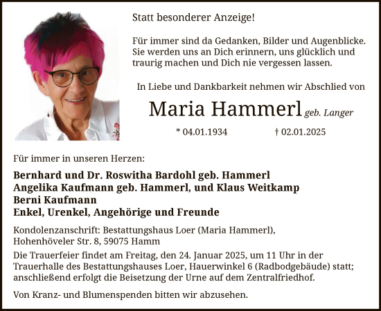 Traueranzeige von Maria Hammerl von WA