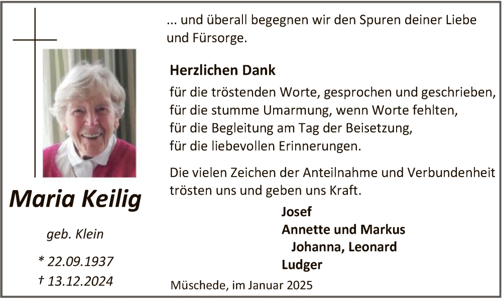  Traueranzeige für Maria Keilig vom 18.01.2025 aus WA