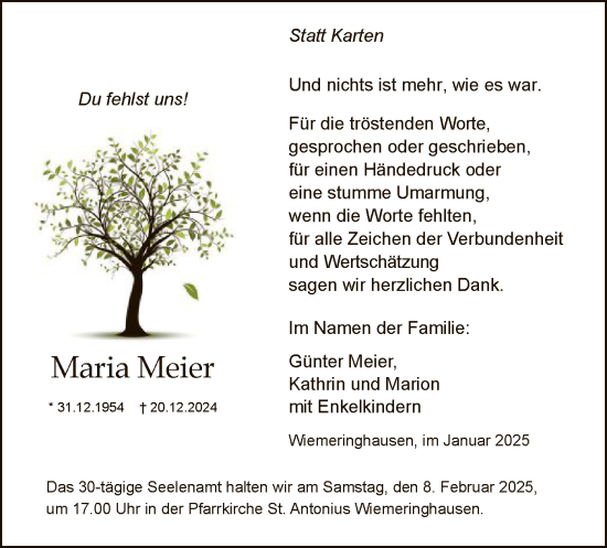 Traueranzeige von Maria Meier von WA