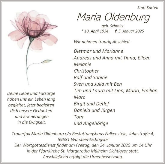 Traueranzeige von Maria Oldenburg von WA