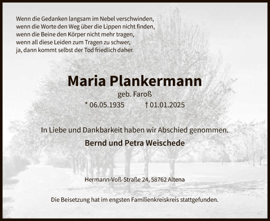 Traueranzeige von Maria Plankermann von WA