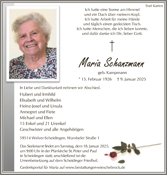 Traueranzeige von Maria Schanzmann von WA
