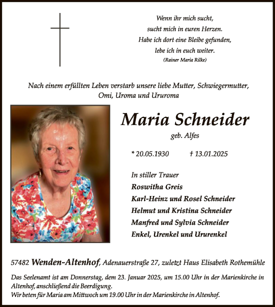 Traueranzeige von Maria Schneider von WA
