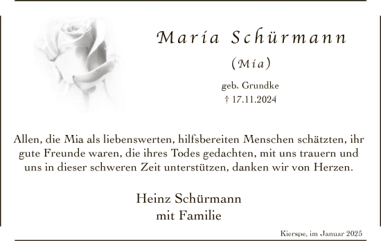 Traueranzeige von Maria Schürmann von WA